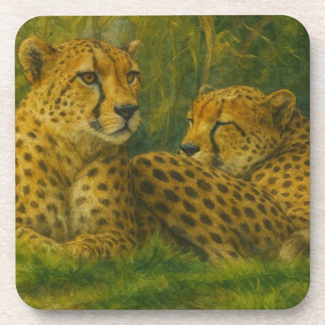 Resting Cheetah Duo in Forest Setting Coaster (Front)