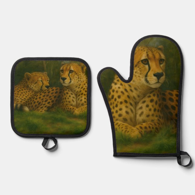 Resting Cheetah Duo in Forest Setting Oven Mitt & Pot Holder Set (Front)