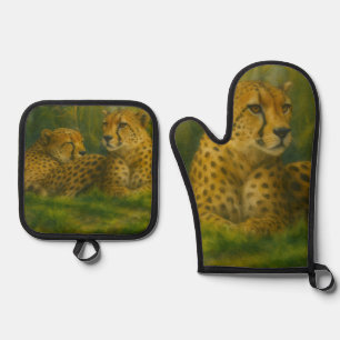 Resting Cheetah Duo in Forest Setting Oven Mitt & Pot Holder Set