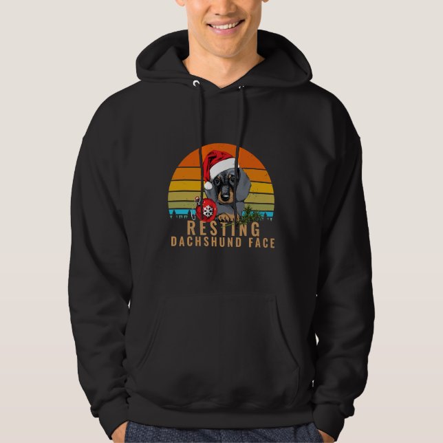 Resting Dachshund Dog Face Merry Christmas Retro Hoodie (Front)