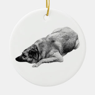 Resting Gray Dog Glows On Festive Winter Trees Ceramic Tree Decoration