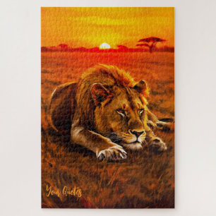 Resting Male Lion on Golden Savanna Jigsaw Puzzle