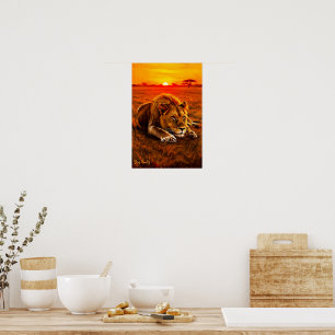 Resting Male Lion on Golden Savanna Poster