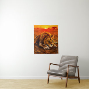 Resting Male Lion on Golden Savanna Tapestry