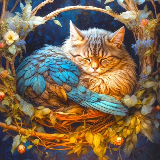 Resting Tabby Kitten Bird in Round Nest Jigsaw Puzzle (Close- up of artwork)