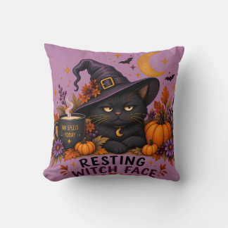 Resting Witch Face Black Cat Halloween Cushion