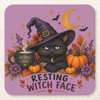 Resting Witch Face Black Cat Halloween Square Paper Coaster