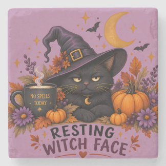 Resting Witch Face Black Cat Halloween Stone Coaster