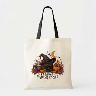 Resting Witch Face Black Cat Halloween Tote Bag