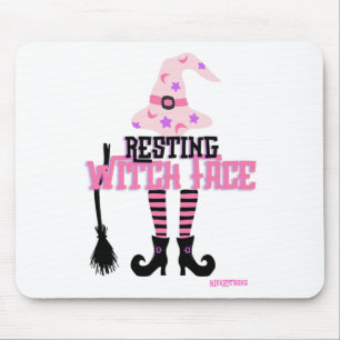 Resting Witch Face Halloween Broomstick Mouse Mat