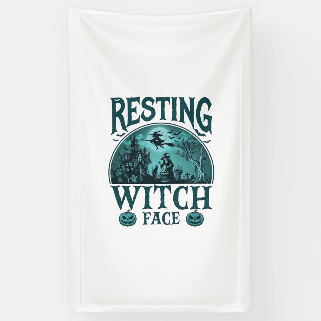 Resting Witch Face Halloween Haunted House Cauldro Banner (Vertical)