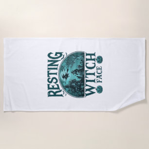 Resting Witch Face Halloween Haunted House Cauldro Beach Towel