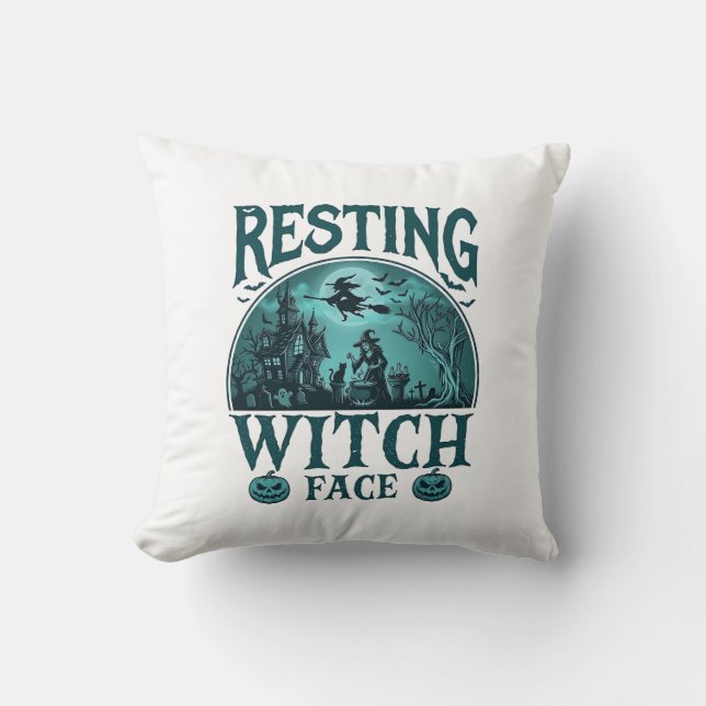 Resting Witch Face Halloween Haunted House Cauldro Cushion (Front)
