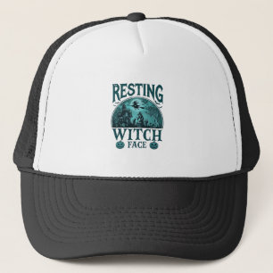 Resting Witch Face Halloween Haunted House Cauldro Trucker Hat