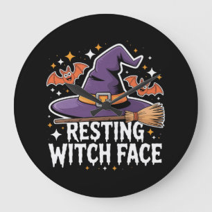 Resting Witch Face Scary Broomstick Funny Hallowee Large Clock