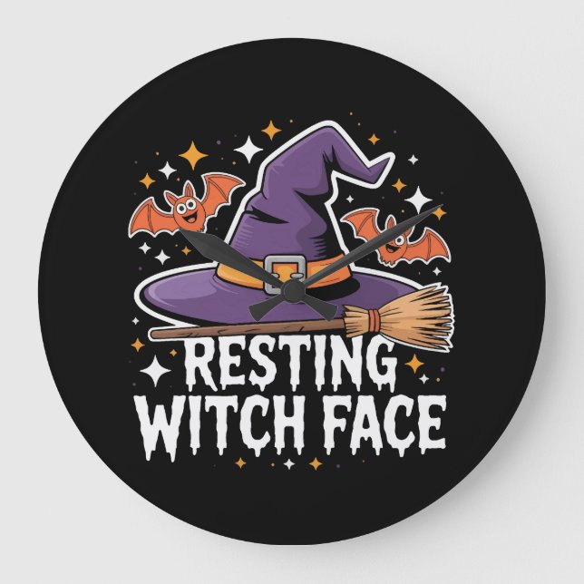 Resting Witch Face Scary Broomstick Funny Hallowee Large Clock (Front)