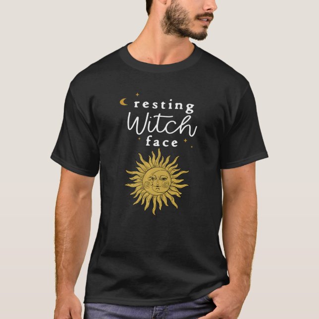 Resting Witch Face with Stylized Sun Samhain Pagan T-Shirt (Front)