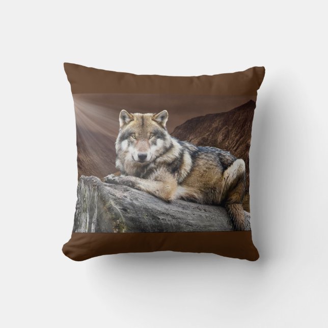 Resting Wolf On Rock Cushion (Front)