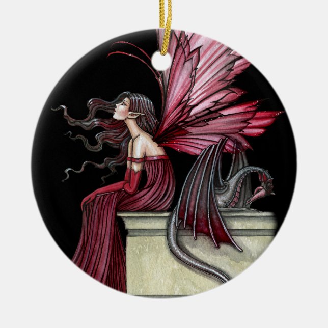 Restless Ruby Fairy and Dragon Ornament (Front)