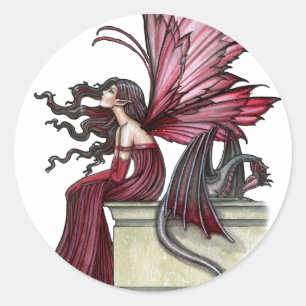 Restless Ruby Gothic Red Fairy and Dragon Classic Round Sticker