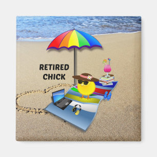 Retired Chick at the Beach, cute and colourful Magnet