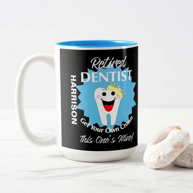 Retired Dentist Funny Novelty Retirement Graphic M Two-Tone Coffee Mug (With Donut)