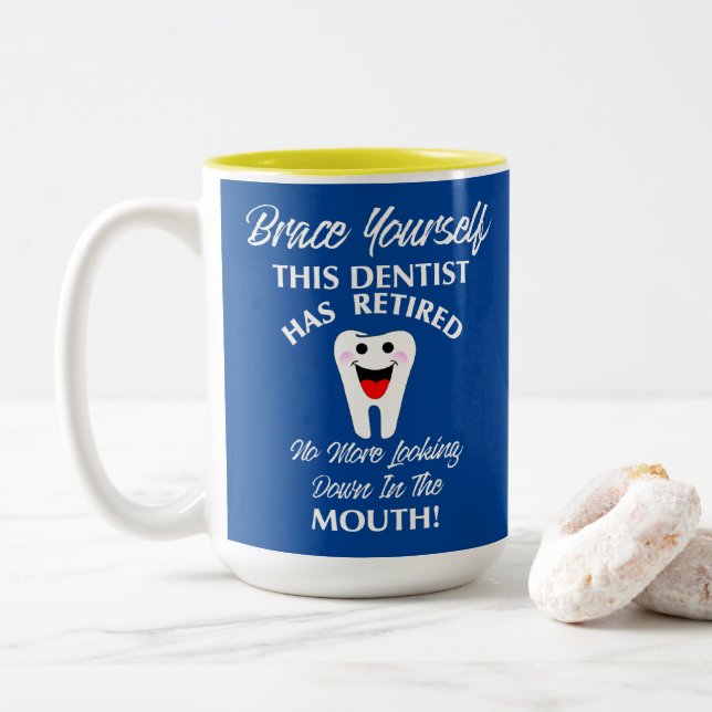 Retired Dentist Funny Novelty Retirement Graphic M Two-Tone Coffee Mug (With Donut)