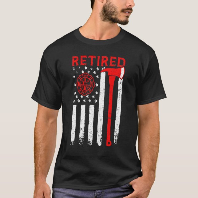 Retired Firefighter Thin Red Line Axe American Fla T-Shirt (Front)