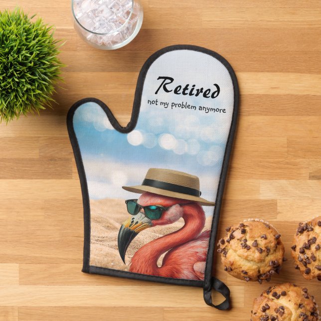 Retired Flamingo on Beach with Hat & Sunglasses Oven Mitt (Top down)