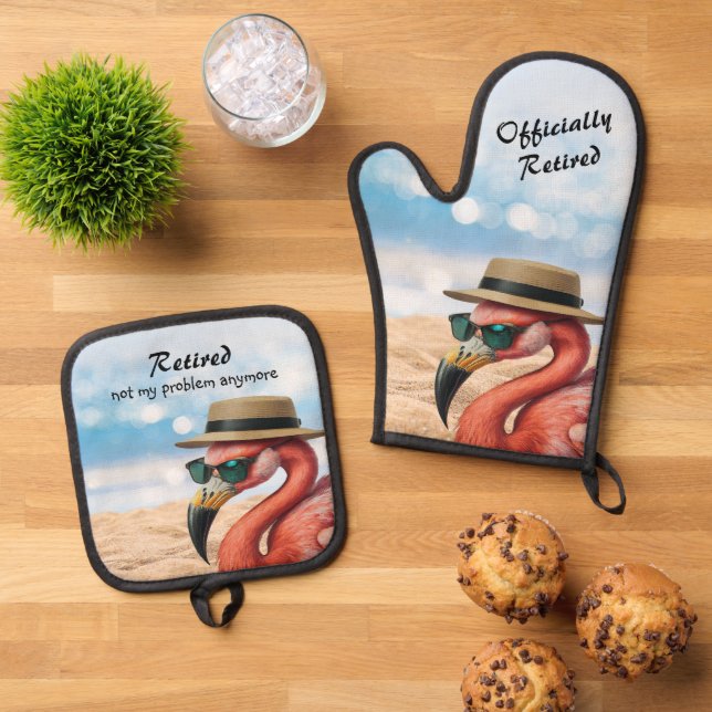 Retired Flamingo on Beach with Hat & Sunglasses Oven Mitt & Pot Holder Set (Top Down)