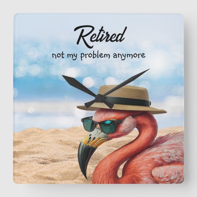 Retired Flamingo on Beach with Hat & Sunglasses Square Wall Clock (Front)