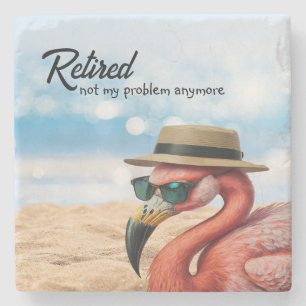 Retired Flamingo on Beach with Hat & Sunglasses Stone Coaster