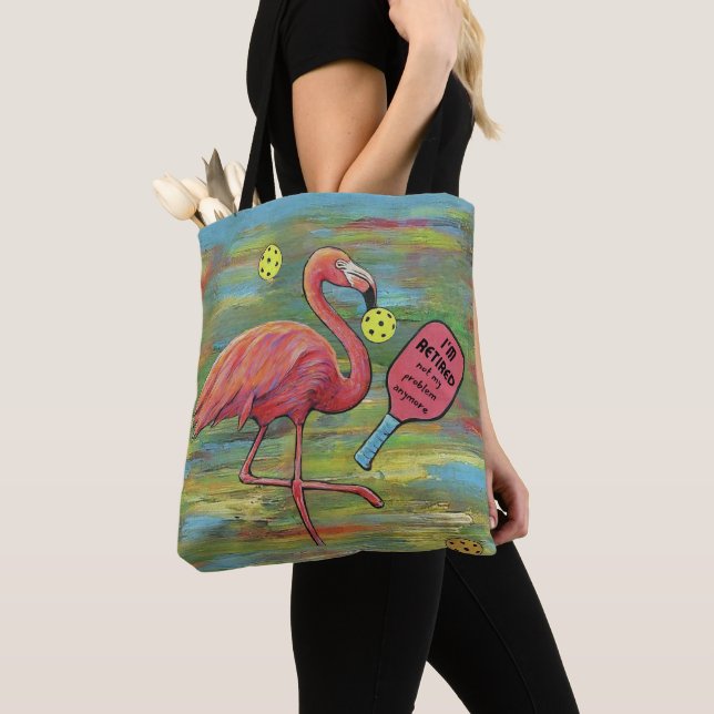 Retired Flamingo Playing Pickleball Watercolor Tote Bag (Close Up)
