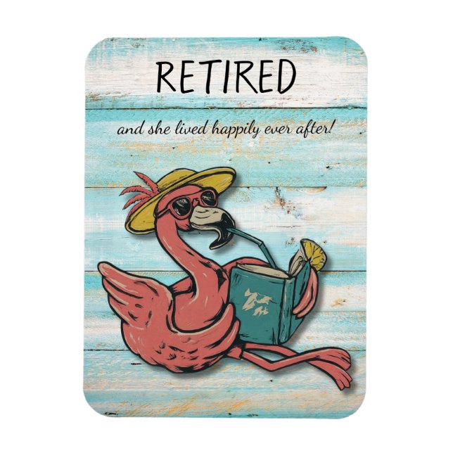 Retired Flamingo Reading Book With Tropical Drink  Magnet (Vertical)