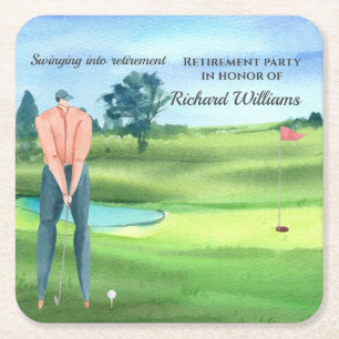 Retired Golf Man Player Swinging into Retirement Square Paper Coaster