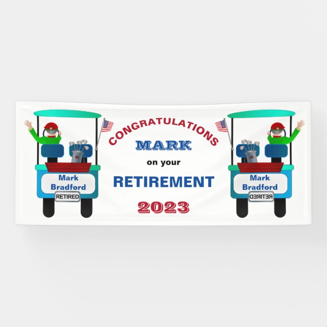Retired Golf Waving Goodbye in Golf Cart Banner (Horizontal)