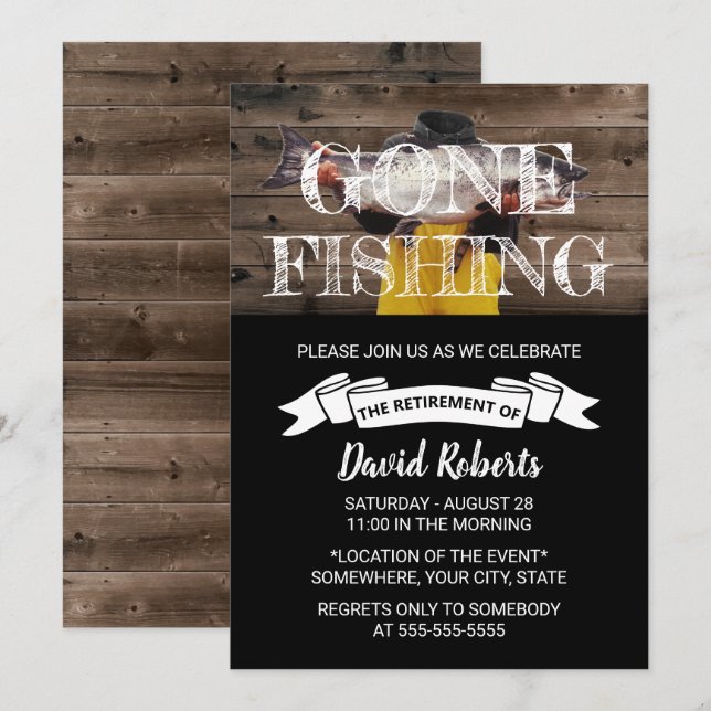 Retired Gone Fishing Rustic Barn Wood Retirement Invitation (Front/Back)