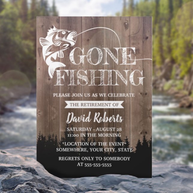 Retired Gone Fishing Rustic Outdoors Retirement Invitation (Creator Uploaded)