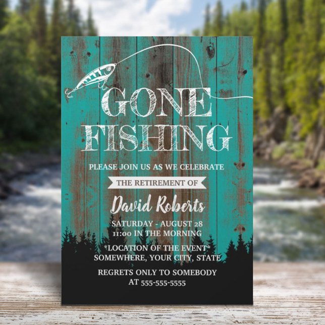 Retired Gone Fishing Teal Outdoors Retirement Invitation (Creator Uploaded)