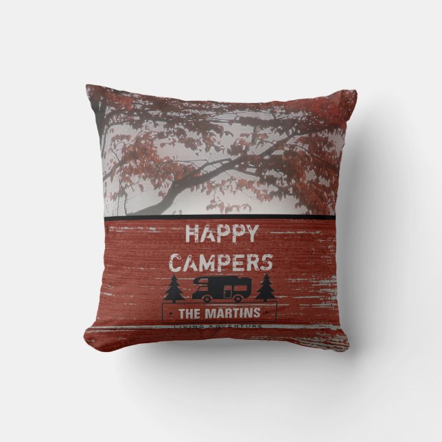 Retired Happy Campers RV | Rustic Red Barn Wood Cushion (Front)