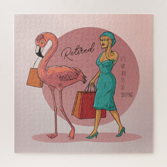 Retired It's My Job To Go Shopping Pink Flamingo Jigsaw Puzzle (Vertical)