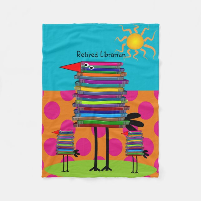 Retired Librarian Fleece Blanket Book Birds Blue I (Front)