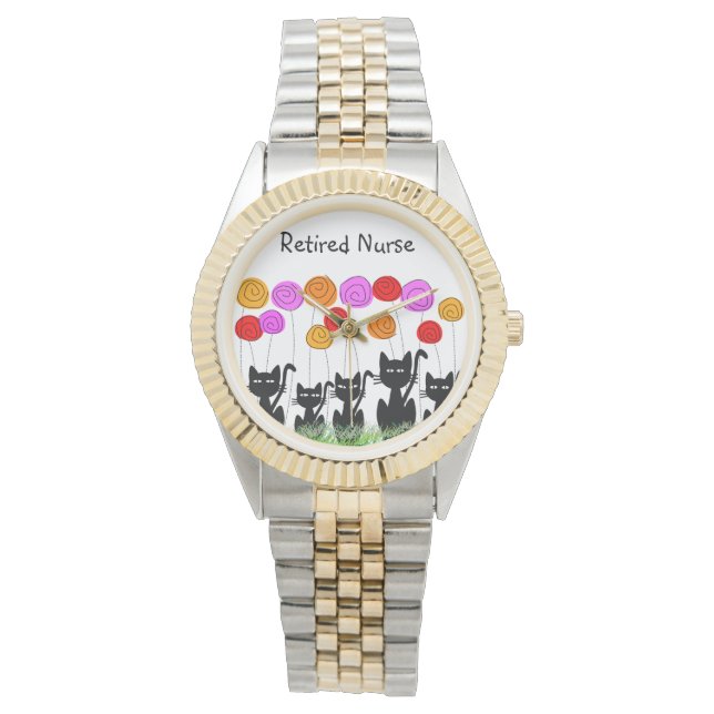 Retired Nurse Whimsical Cats and Flowers Watch (Front)