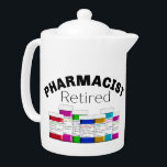 Retired Pharmacist<br><div class="desc">Retired pharmacist teapot colourful hand drawn prescription bottles with labels make up the design.</div>