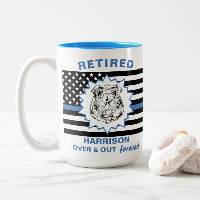 Retired Police Thin Blue Line Over And Out Funny Two-Tone Coffee Mug (With Donut)