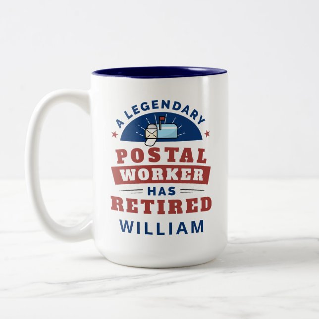 Retired Postal Worker Mailman Retirement Funny Two-Tone Coffee Mug (Left)