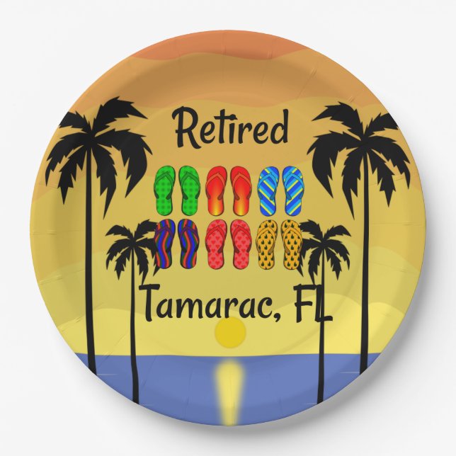 Retired...Tamarac, FL, tropical design, Paper Plate (Front)