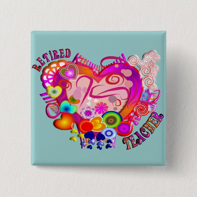 Retired Teacher Artsy Retro Heart 15 Cm Square Badge (Front)