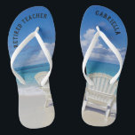 Retired Teacher Beach With Chairs In Sand Flip Flops<br><div class="desc">The perfect gift for retiring teacher!  Just in time to wear flip flops to the beach everyday.  There's a calm beach scene with the ocean and two chairs in the sand. They have "Retired teacher" on them.  On the right flip flop personalise with your name.</div>