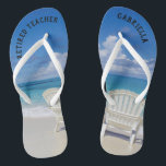 Retired Teacher Beach With Chairs In Sand Flip Flops<br><div class="desc">The perfect gift for retiring teacher!  Just in time to wear flip flops to the beach everyday.  There's a calm beach scene with the ocean and two chairs in the sand. They have "Retired teacher" on them.  On the right flip flop personalise with your name.</div>